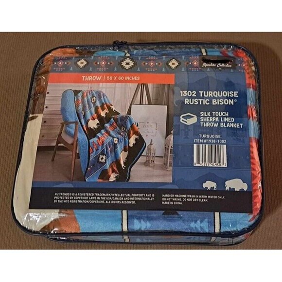 New Turquoise Rustic Bison Buffalo Sherpa Plush Throw Gift Blanket Blue Aztec - Picture 5 of 5